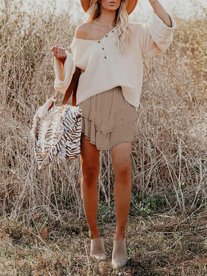 Flowy Shorts for Women Casual Boho Ruffle Tiered Skorts High Waist Mini Skirts Golf Tennis Crochet Shorts