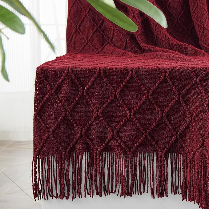 inhand Claret Knitted Throw Blanket for Couch and Bed, 50"x60" | Gifts for Mom from Daughter Son, Soft Lightweight with Tassel, Farmhouse Warm Decorative Blanket for Women, Cozy Knit
