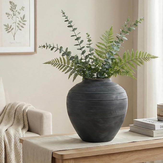 11" Blue Ceramic Vase, Rustic Farmhouse Living Room Home Decor | Artisan Handcrafted Large Ceramic Vase