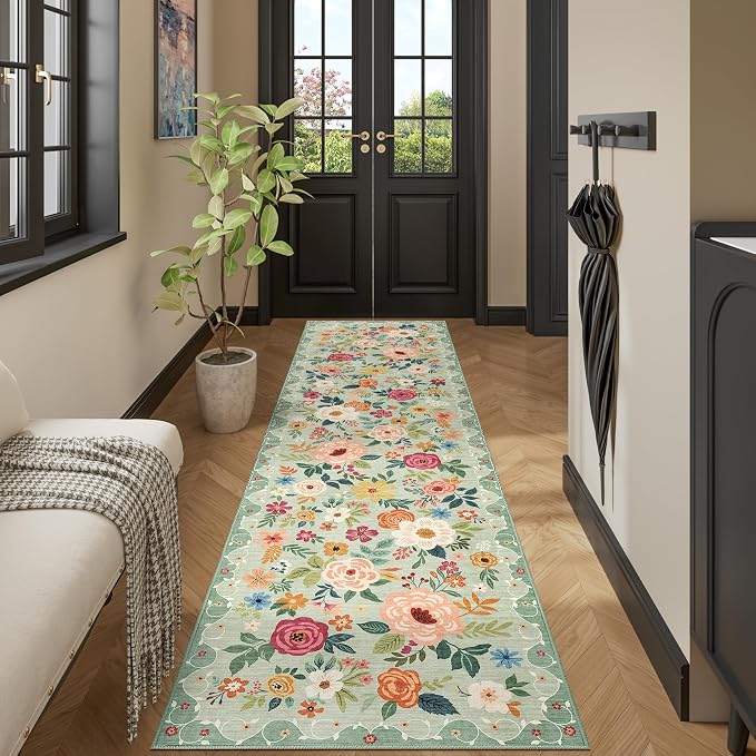 DUKINO 2.6x10 Runner Rug for Hallway, Washable Kitchen Rugs Non Slip, Green | Soft, Low Pile, Floral Indoor Floor Rug Runner for Entryway, Bedroom, Bathroom, Laundry, Pet Friendly, Home Decor, Ultra-Thin
