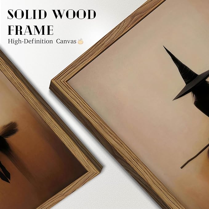 Framed Vintage Witch Wall Art, Minimalist Halloween Witch Canvas Prints, Spooky Gothic Dark Academia Witches Painting, Rustic Aesthetic Halloween Wall Decor for Bedroom Living Room 8x10 inch