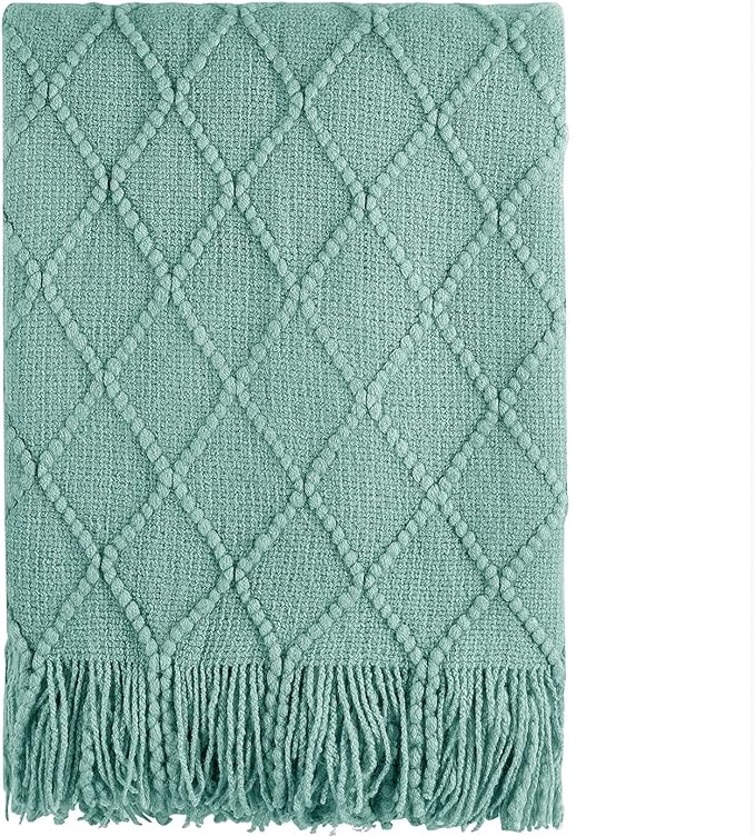 BOURINA Dark Cyan Throw Blanket 50x90 Inch Boho Knit Soft Throw Bed Blanket | Knitted Throw Blanket 50x90 Inches, Soft Lightweight Boho Weave Throw Decorative Couch Blanket for Living Room Bed Runner