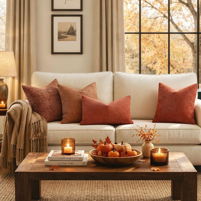 MIULEE Fall Decorative Orange Couch Throw Pillow Covers 18x18 Inch 2 Pack | Modern Boho Accent, Soft Chenille Pillow Covers, Farmhouse Cushion Cases for Home Decor Bed Sofa Living Room