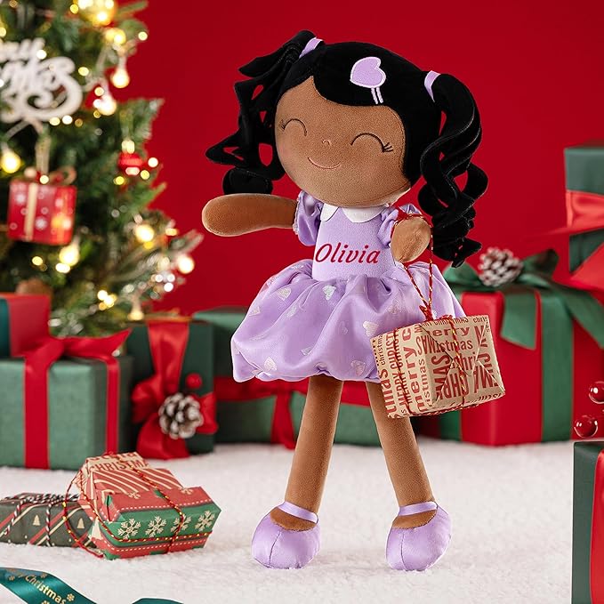 Gloveleya Personalized Baby Doll – Custom Name Rag Doll with Curly Hair & Purple Heart Dress | Birthday Gift for Girls Toddlers Kids | Soft Keepsake Plush Toy 16"