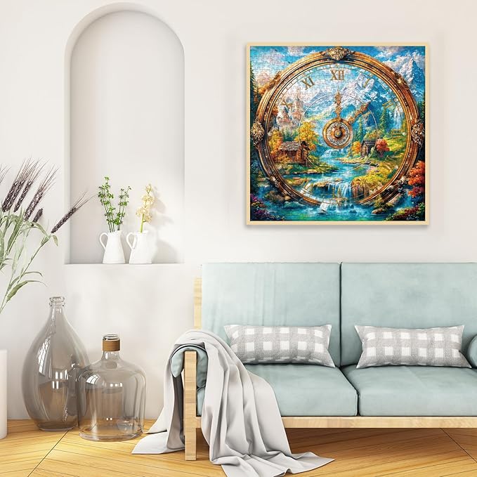 Landscape Clock Puzzles for Adults 1000 Pieces, Art Nature Mountain Flower Plant Jigsaw Puzzles, Challenging Colorful Scenic River Cabin Watch Puzzle