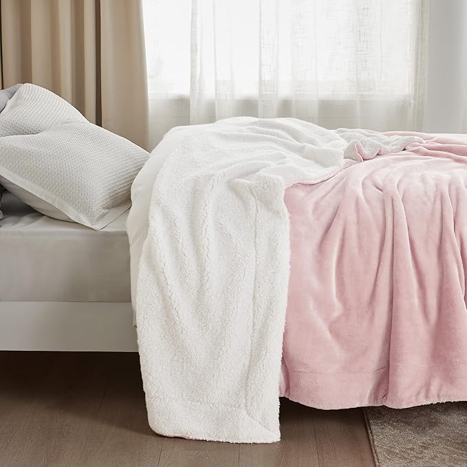 Bedsure GentleSoft Sherpa Fleece Blanket Queen Size for Bed, Non-Heated, Thick and Warm Throw for Women and Girls, Soft Fuzzy Plush Queen Blanket for Spring, Room Home Decor, Pink, 90x90 Inches