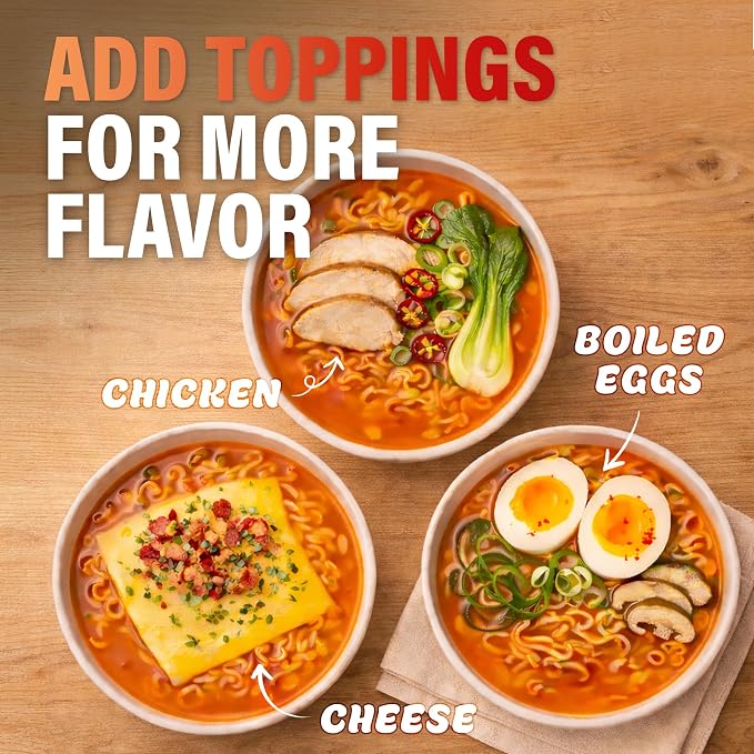 Nongshim Shin Ramyun Light, Air-Dried Korean Ramen Noodles, 4 Pack | Air-dried instant ramen with spicy beef broth, roasted vegetable notes, large vegetable flakes