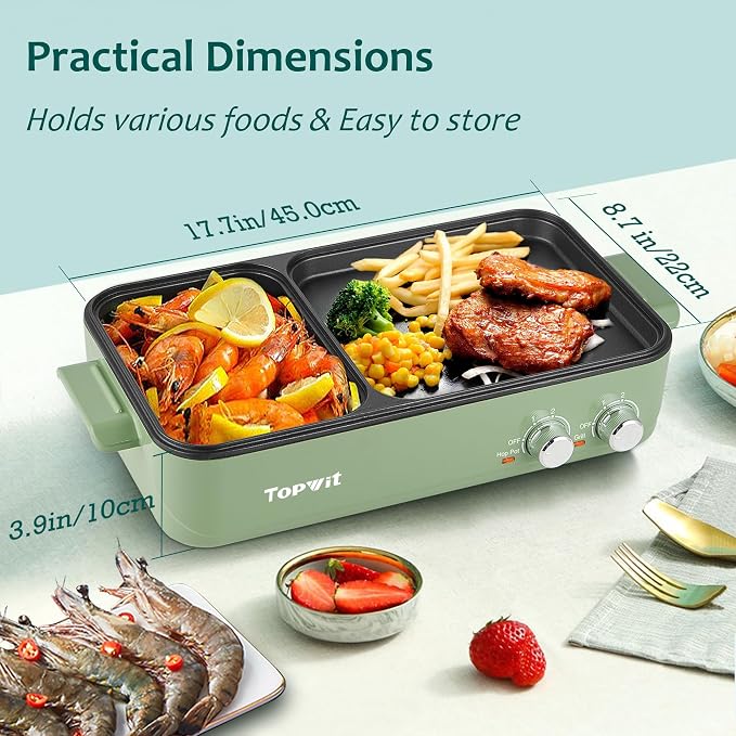 Topwit Hot Pot with Grill, Korean BBQ Grill, 2-in-1 Electric Pot | Nonstick Coating, Dual Temperature Control, Fast Heating, Ideal for Korean BBQ, Shabu Shabu, Noodles, Steaks and Family Meals