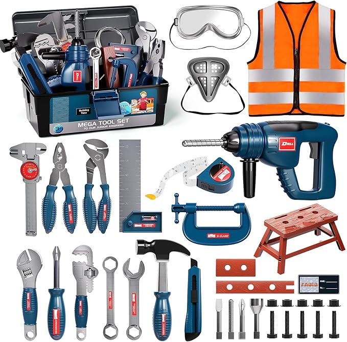 Deejoy Kids Tool Set with Electronic Toy Drill & Construction Vest Pretend Play Toys for 3 4 5 6 Year Old Boys, ABS Plastic Repair Toolkit with Large Storage Box (Blue)