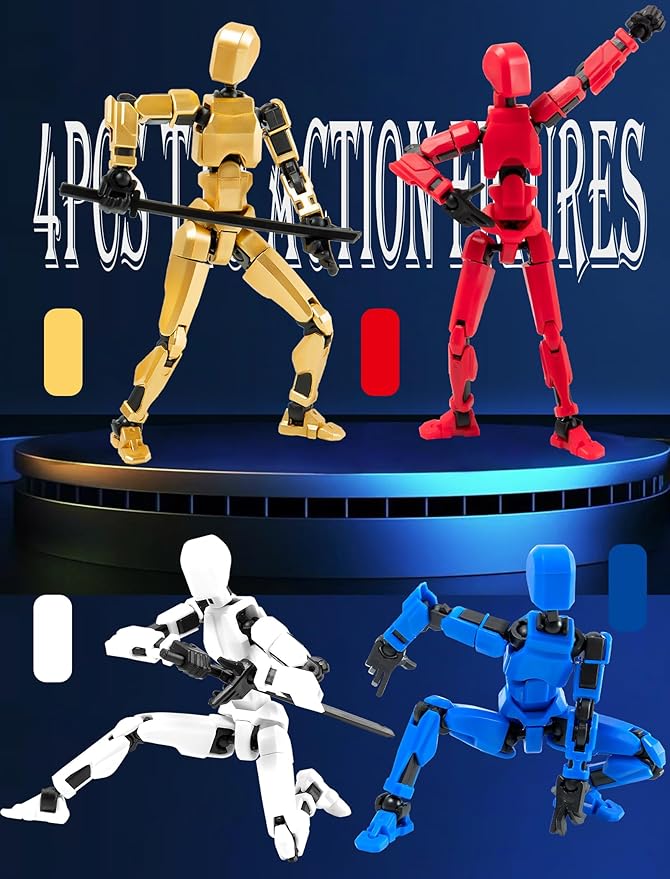 4PCS Assembled Titan T-13 Action Figures Set Lucky Dummy Nova 13 Action Figure Robot Anime Stick Figures Fidget Toys for Boys Multi Movable Joints Gifts Toys for Kids (Golden+White+Blue+Red)