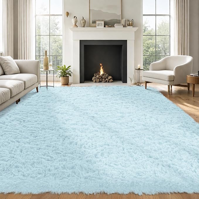 8x10 Area Rug for Living Room:Ultra Soft Fluffy Shag Teal Blue Rugs,Large Fuzzy Plush Indoor Non Slip Carpet Washable Rug for Bedroom Kids Nursery Office Dorm Modern Decor(Light Blue 8'x10')