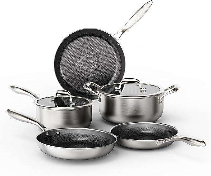 Hybrid Stainless Steel Cookware Set, 7pcs Pots and Pans Set Non Stick | Non-Toxic, Induction Compatile, Oven and Dishwasher Safe, PFOA Free, Stay-Cool Handles