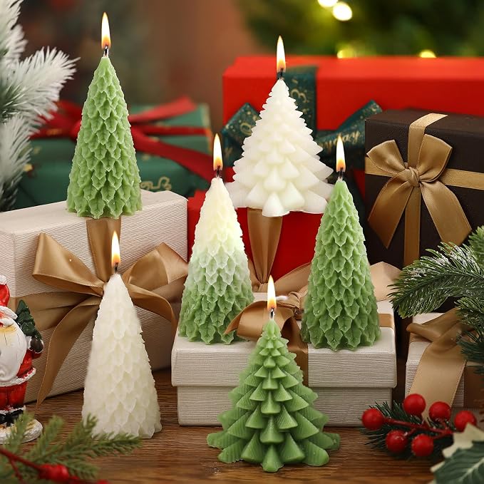 Conelist 6 Pcs Christmas Tree Candles Christmas Tree Shaped Taper Candles Decorative Xmas Wax Scented Candlesticks for Xmas Eve Winter Holiday Home Table Decoration Gift(White, Green,Assorted Style)