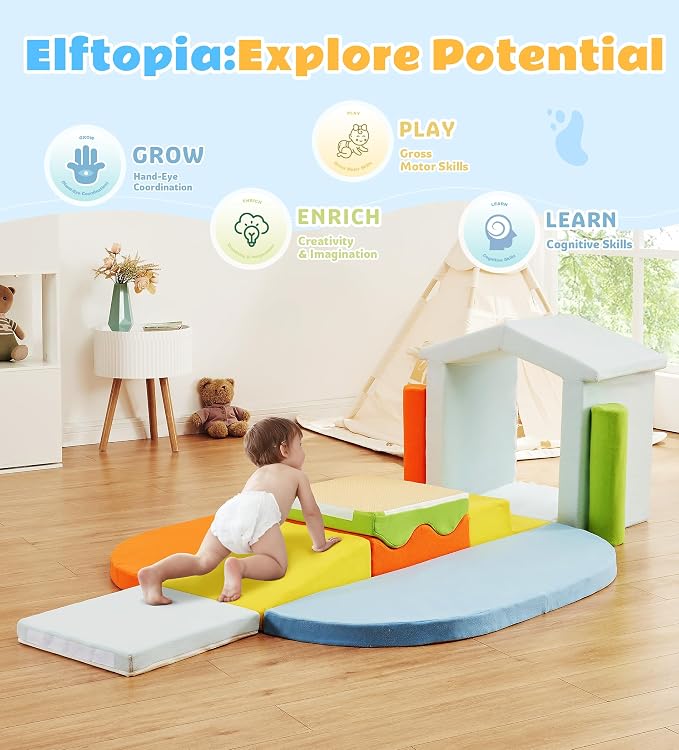 Elftopia 10-Piece Foam Climbing Blocks with Ramp & Stairs for Toddlers,Soft Play Gym Set,Foam Toddler Climbing Toys for Indoor Crawling,Sliding & Creative Play-Dynamic Color