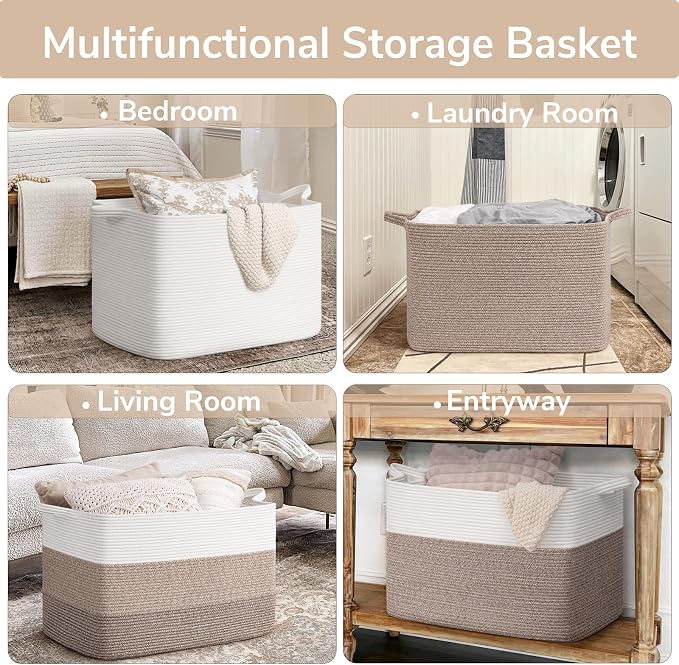 Goodpick 105L Extra Large Woven Rope Blanket Basket, Rectangle, Light Brown | 25'' x 16'' x 16'' Storage Basket for Blankets, Pillows, Toys & Clothes, Living Room, Bedroom & Nursery Organization