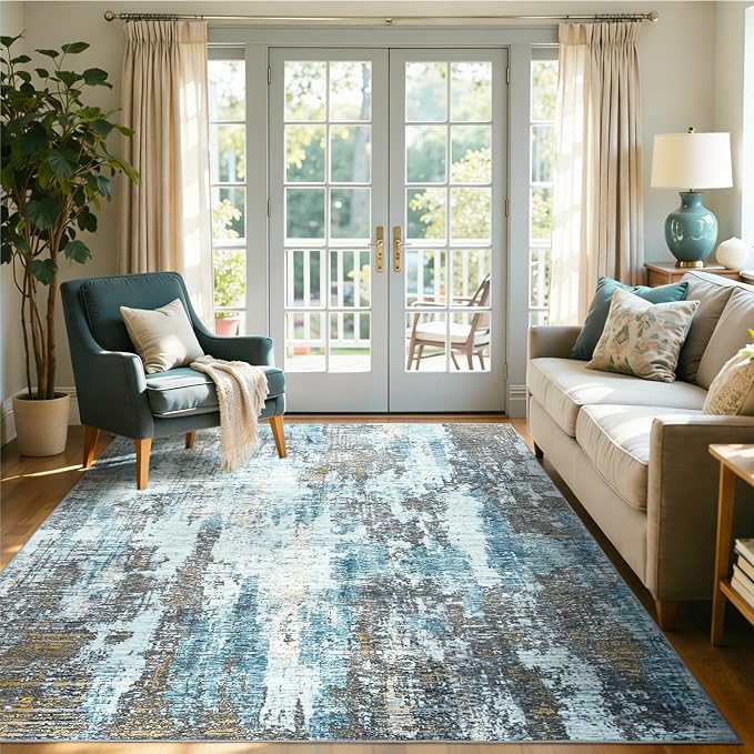 8x10 Ft Large Area Rugs for Living Room, Soft Non-Slip Washable Rugs Modern Abstract Pattern Carpet for Bedroom Indoor Floor Nursery Home Decor (Blue)