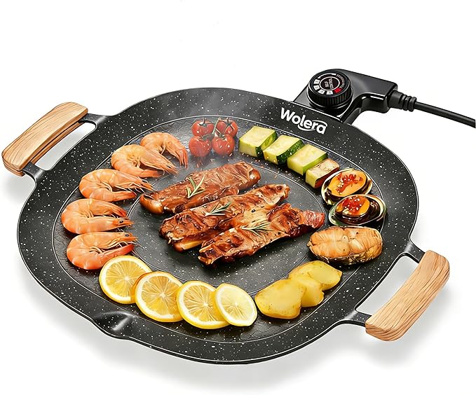 Smokeless Electric BBQ Grill, Wood Handles, Adjustable Temp | Electric nonstick griddle, 5 temperature settings, for steak, pancakes, fried eggs, low-fat meals, easy clean.