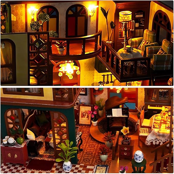 Foyucool DIY Miniature House Kit, Dollhouse Kit with Light and Dust Cover, Mini House Building Kits for for Adult to Building, Christmas Home Decorations Gifts for Family and Friends, Retro Loft