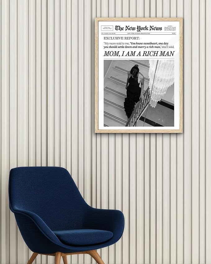 EcoHest 16x20 in Mom I Am a Rich Man Newspaper Framed Wall Art | Solid Oak Wood Frame with Canvas Wall Art, Girly Fashion Magazine Decor for Bedroom, Apartment, Dorm, College Room, 1Pack