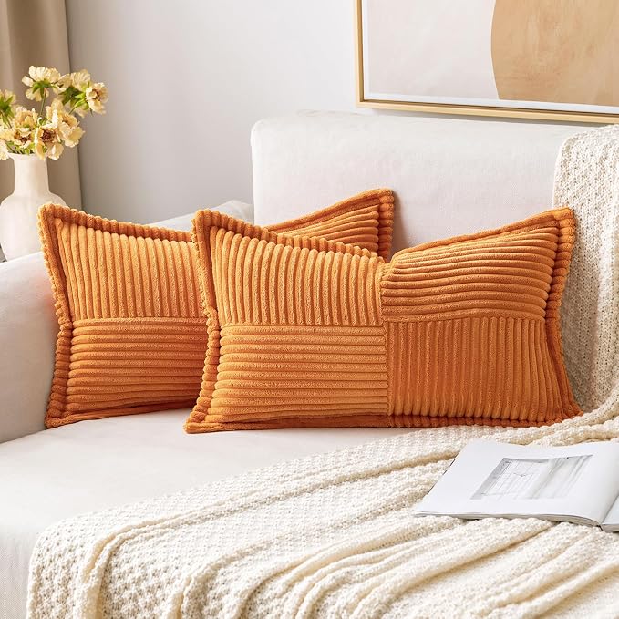 MIULEE Fall Burnt Decorative Lumbar Throw Pillow Covers 12x20 Inch | 2 Pack, Boho Broadside Striped Patchwork Pillow Covers, Soft Corduroy Cushion Cases, For Couch Sofa Bed Livingroom Home Decor