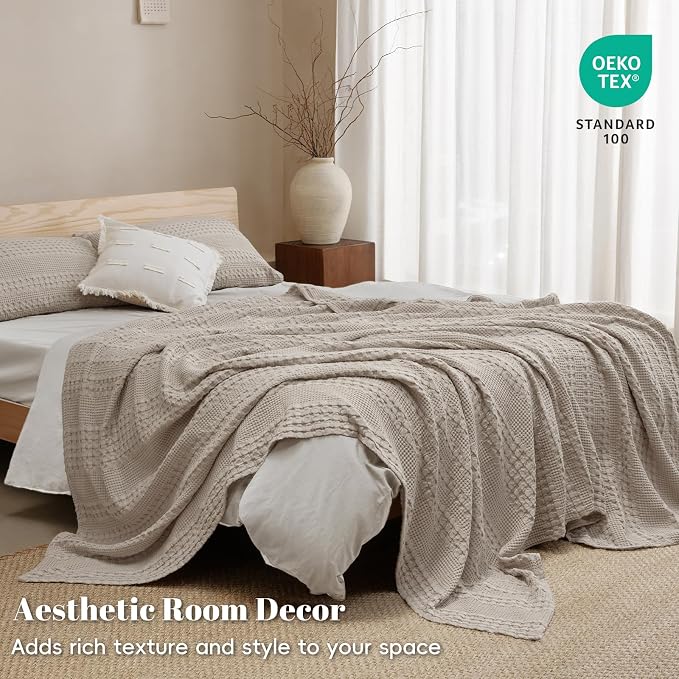 PHF 100% Cotton Waffle Weave Blanket Queen Size, Lightweight Breathable Summer Blanket for Hot Sleepers, Pre-Washed Soft Layer for Bed, Couch, Aesthetic Home Decor & Gift, 90"x90", Pearl Gray