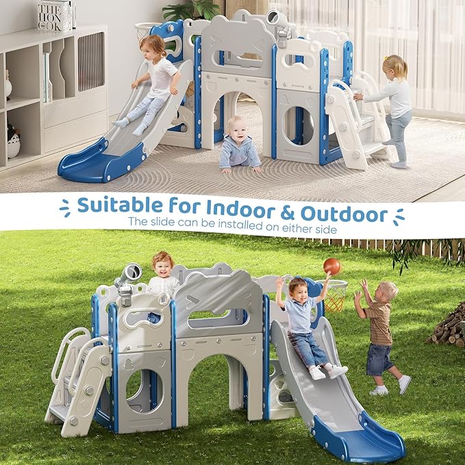 Toddler Slide Indoor, 8 in 1 Indoor Playground for Kids 1-3 Toddler Playset with Climber, Basketball Hoop, Tunnel and Storage Space Kids Outdoor Slide Playset (Blue)
