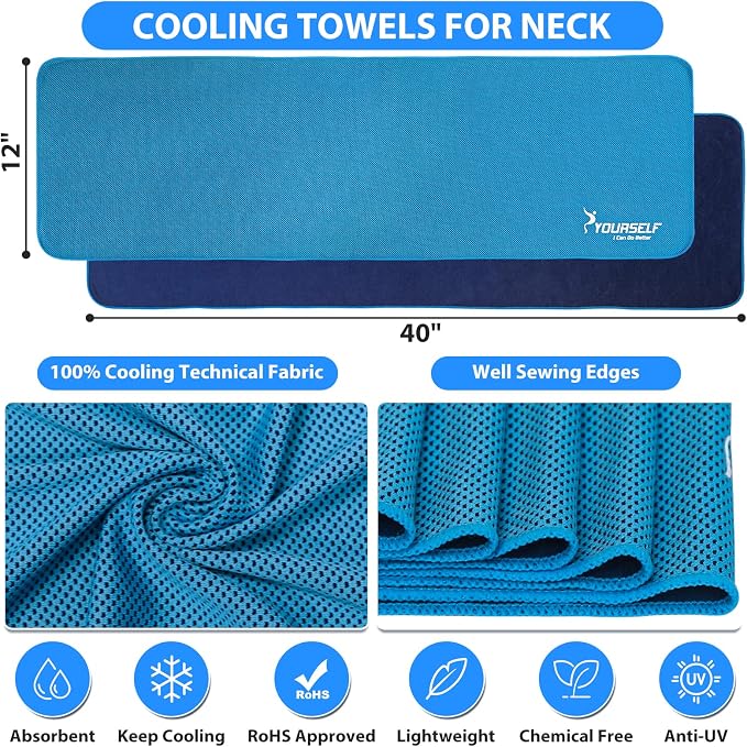 SYOURSELF Cooling Towels for Neck and Face, 4 Pack 40" x 12" Cooling Towel for Hot Weather, Soft Breathable Instant Cool Chilly Pad for Sports Golf Yoga Gym Athletes Camping Ice Towels(Blue)