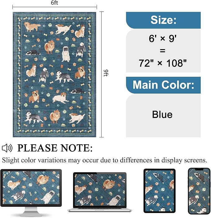 DUKINO 6x9 Washable Dog Area Rug for Living Room Non Slip, Blue | Non-Shedding, Stain Resistant, Soft Animal Carpet for Bedroom Kids Playroom Nursery Dining Room Farmhouse, Pet & Kid Friendly