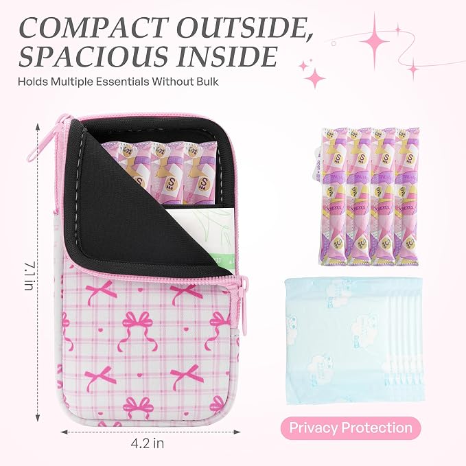 KJQJLY 2 Pack Portable Tampon Organizer Bag Tampon Holder & Storage Case with Zipper for Travel, Discreet Period Bag for Purse, Waterproof Feminine Products Pouch for Women (Bows)