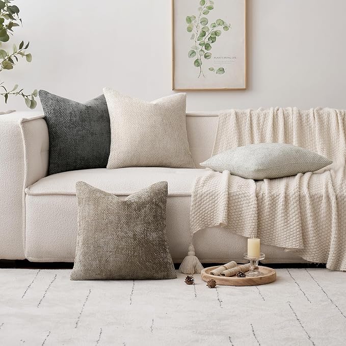 MIULEE Soft Decorative Chenille Euro Pillow Covers Neutral 26x26 Pack of 4 | Mid Century Modern Decor, Cream to Charcoal Set, Couch Throw Pillows, Farmhouse Boho Cushion Covers for Sofa Bed Living Room