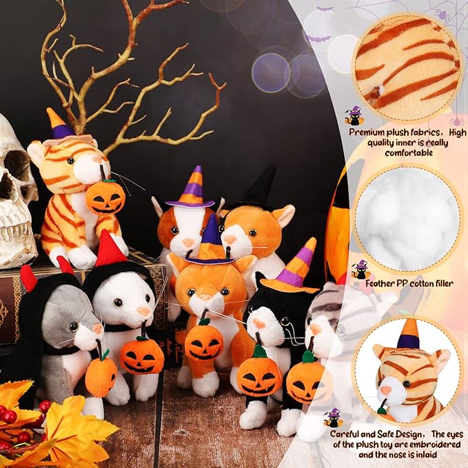 Sumind 8 Pcs Cat Stuffed Animals Bulk Plush Pets 5 Inch Cute Assorted Plush Cats Horse for Birthday Halloween Christmas Party Favors Favors(Creep Cat)