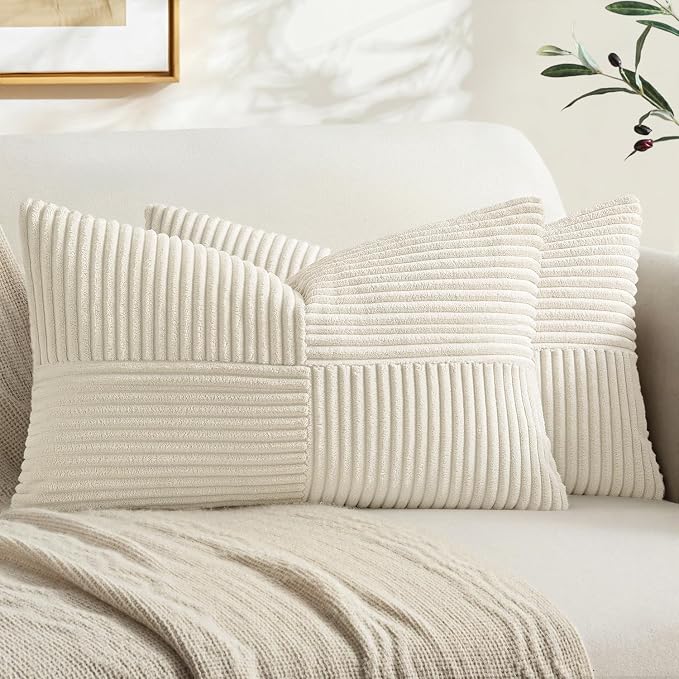 MIULEE Cream White Decorative Lumbar Throw Pillow Covers 12x24 Inch 2 Pack | Beige Neutral Boho Farmhouse Pillow Covers, Soft Cross Corduroy Patchwork Textured Cushion Cases For Couch Sofa Bed