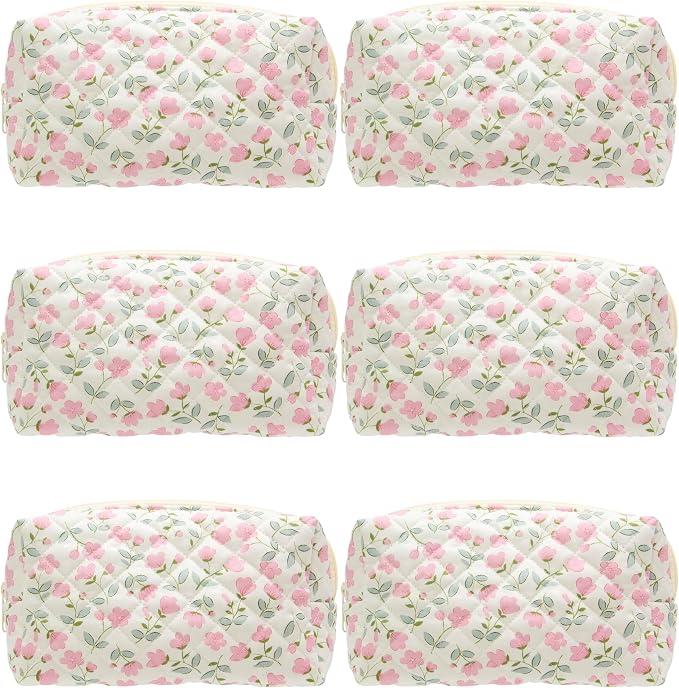 PAZIMIIK Small Quilted Makeup Bag,Zipper Cosmetic Pouch,Floral Pink,6 Pack | Lightweight Cosmetic Bag Organizer for Women,Purse Storage Holds Makeup,Toiletries,Skincare,Beauty Essentials,Travel Items