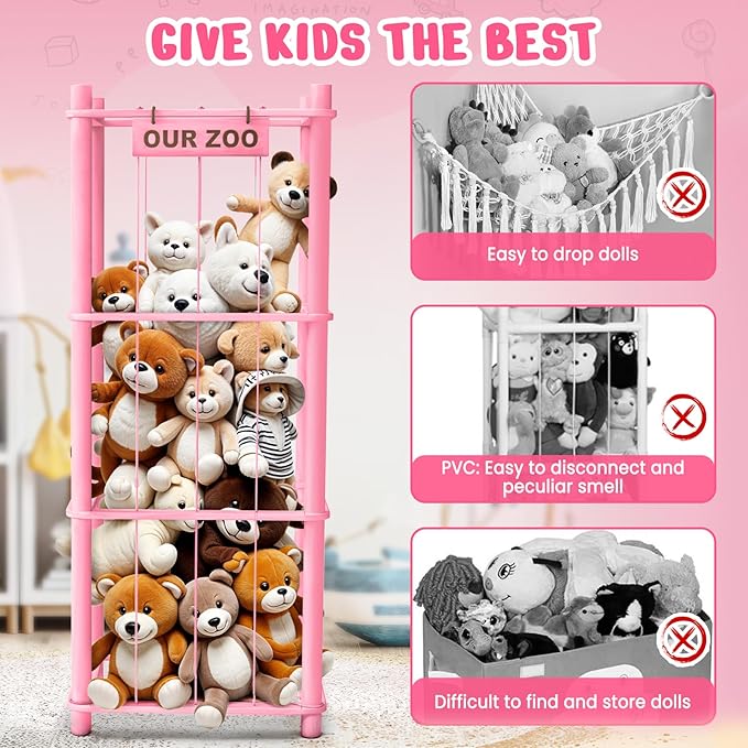 Woodure Stuffed Animal Storage & Organizer, Wooden Cute Zoo Toy Holder for Toddler Rooms, Playrooms & Bedrooms（Pink）
