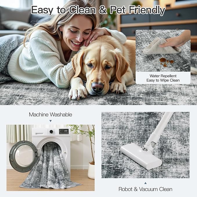 Lofus 5x7 Area Rug for Living Room, Abstract Washable Non-Slip Rugs, Grey | Neutral Modern Carpet for Bedroom, Dining Room, Home Office Nursery, Stain Resistant, Low Pile, Non-Shedding Modern Rug