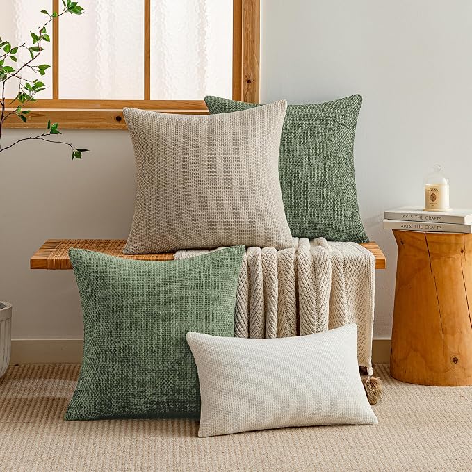 a moment Moss Green Chenille Throw Pillow Covers 24x24 Inch Pack of 2 Modern Decorative Throw Pillow Cases Farmhouse Cross Covers Home Decor for Sofa Bedroom Living Room