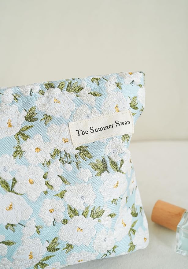 The Summer Swan Large Aesthetic Makeup Bag | Floral Makeup Bag | Mid-Day Clutch | Period Kit Bag | Hygiene Bag | Skincare Bag (White Jasmine)