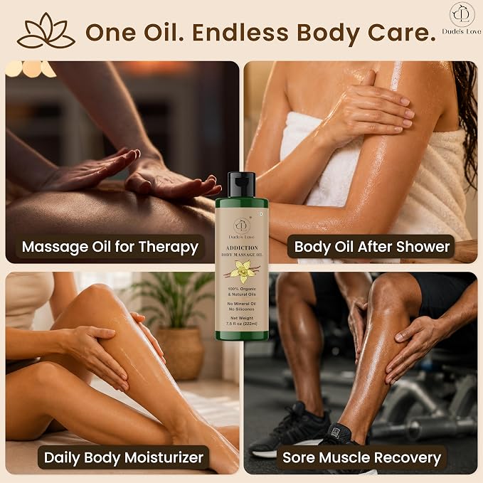 Addiction Body Massage Oil | Vanilla Scent | 100% Natural & Organic Oils | No Mineral Oil, No Silicones | Deep Nourishing Body Oil | 7.5 fl oz (222ml)