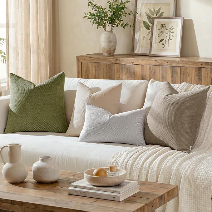 a moment Pack of 2 Decorative Chenille Throw Pillow Covers with Twill Cushion Covers for Sofa Living Room Couch Bed 12x20 Inch Moss Green