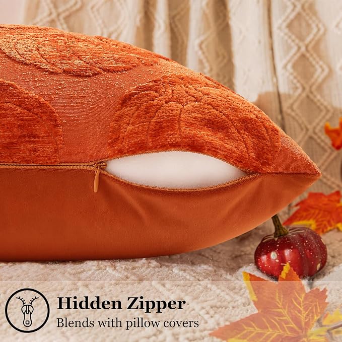 decorUhome Chenille Rust Pumpkin Soft Throw Pillow Covers 18x18 Set of 2 | Fall Decorative Jacquard Farmhouse Accent Modern Farmhouse Neutral Pillowcases for Bed Sofa Autumn Harvest Halloween Holiday
