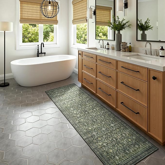 2'6"x8' Area Rugs for Hallways, Green Washable Non-Slip Kitchen Runner Rug | Low Pile Runner Rugs, Soft Carpet for Kitchen Bathroom Bedroom Laundry, Stain Resistant Foldable Vintage Distressed Rug
