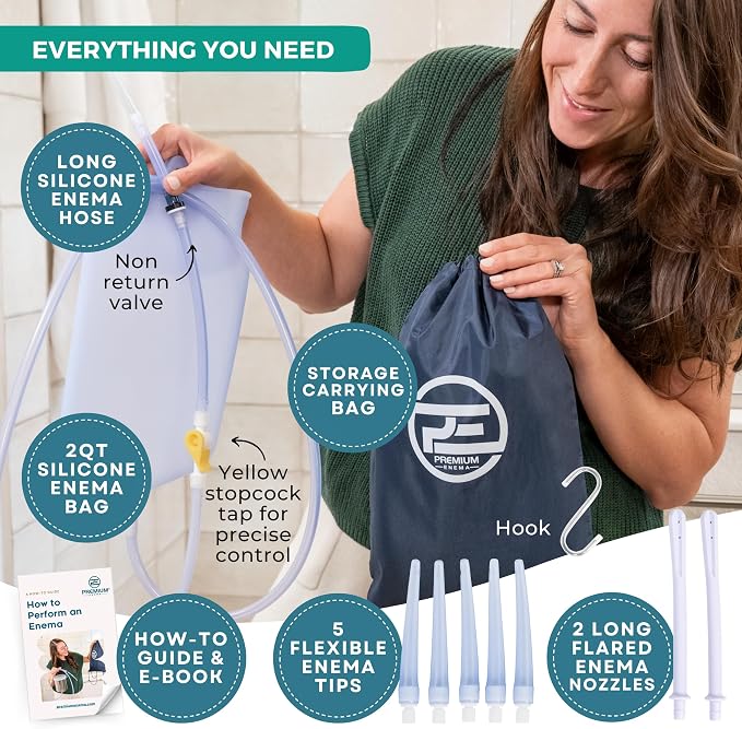 Premium Enema Kit 2 Quart Clear Silicone Bag for Enemas for Colon Cleanse for Women and Men - 6.75 Foot Hose, 7 Tips, Reusable Enema Kit