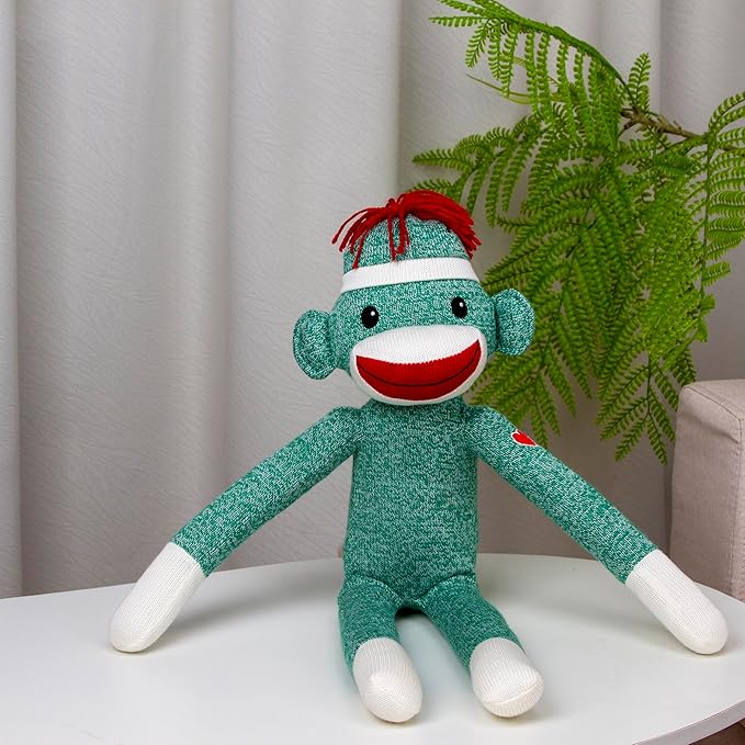 Plushland Adorable Green Sock Monkey, The Original Traditional Hand Knitted Stuffed Animal Toy Gift-for Kids, Babies, Teens, Girls & Boys Baby Doll Present Puppet 20"