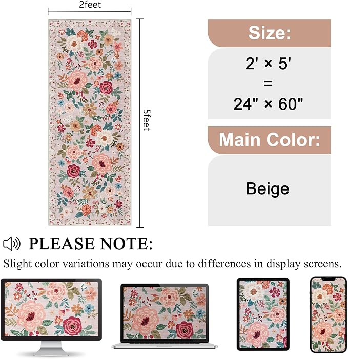 DUKINO 2x5 Runner Rug, Floral Washable Rug for Kitchen Non Slip, Beige | Low Pile, Soft, Stain Resistant Indoor Rug Runner for Entryway, Hallway, Bedroom, Bathroom, Laundry, Pet Friendly, Home Decor