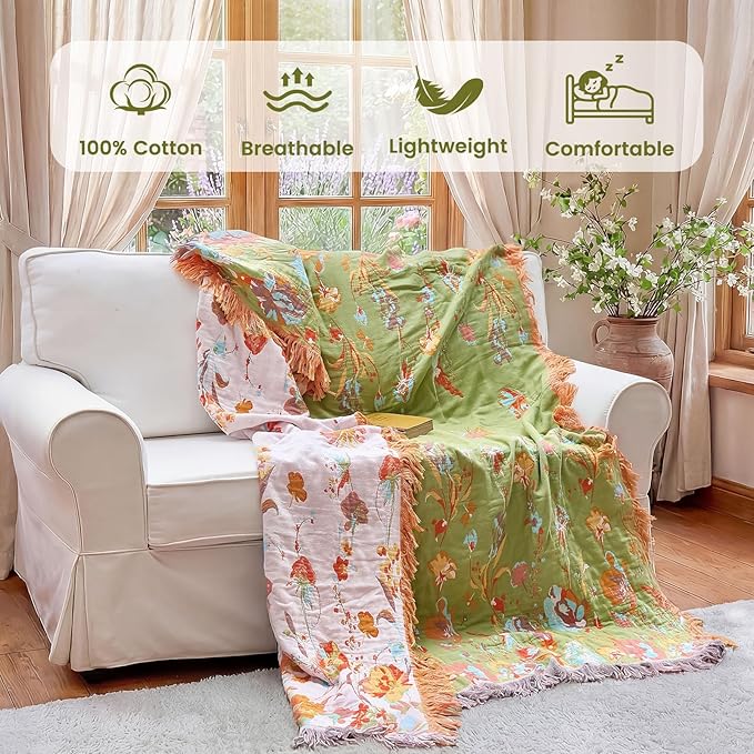MSGKV Boho Throw Blanket 90"x108" 100% Cotton Flower Butterfly Blanket King | King Size Cotton Throw, Flower Butterfly Design, Reversible Woven, Summer Breathable, Farmhouse Home Decor, Machine Washable