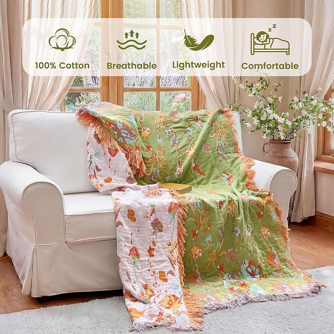 MSGKV Boho Throw Blanket 90"x90" Summer Cotton Butterfly Floral Blanket | 100% Cotton Muslin, Butterfly Throw Blanket, Reversible Weave, Soft & Breathable, Rose Floral Design, Machine Washable