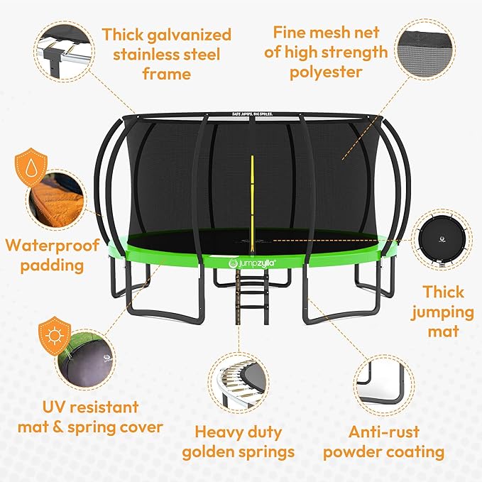 JUMPZYLLA Trampoline Outdoor 8FT 10FT 12FT 14FT 15FT 16FT with Enclosure and Ladder, ASTM Approved Recreational Trampoline for Kids and Adults, Anti-Rust Coated Frame