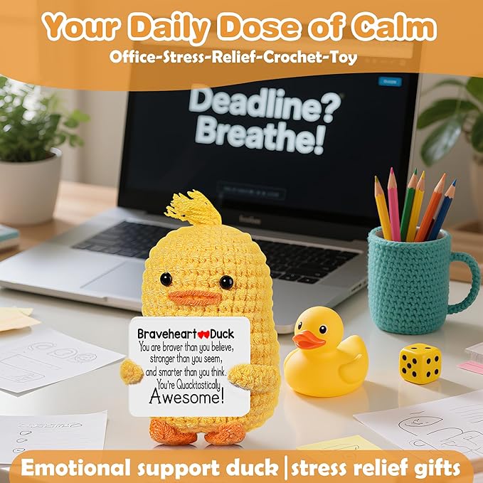RoomyRoc Inspirational Crochet Duck, Positive Affirmation Duck Toy for Anxiety & Stress Relief, Handmade Mental Health Gifts for Women Men, Cute Home Office Desk Decor for Adults Teens