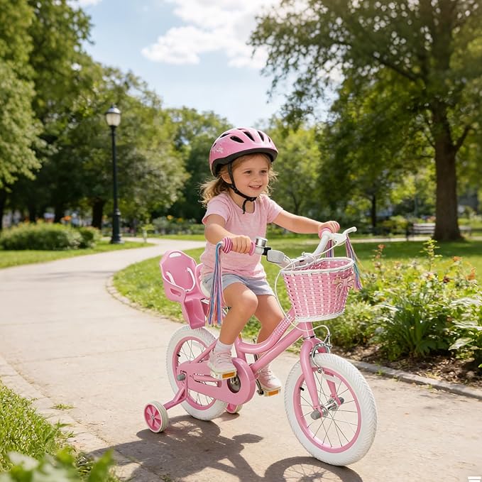 KORIMEFA Girls Bike for Ages 2-8 Years Toddler Kids with Doll Seat, 12 14 16 Inch Bicycle with Training Wheels, Little Small Princess Bicycle with Basket& Streamers, Girls Pedal Bike