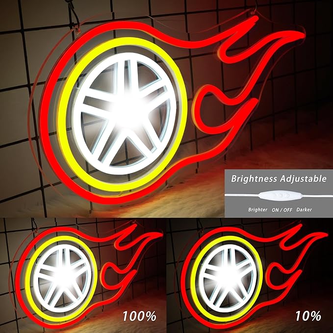 Car Wheel Neon Sign Flame Wheel Neon Light LED Garage Decor for Man Cave Game Room Bar Dimmable Racing-Themed Lighting USB Powered Acrylic Neon Sign for Party Birthday Gift
